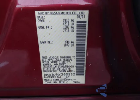 2013 Nissan Altima 2.5 Sv from USA, damaged, VIN 1N4AL3AP9DC265552